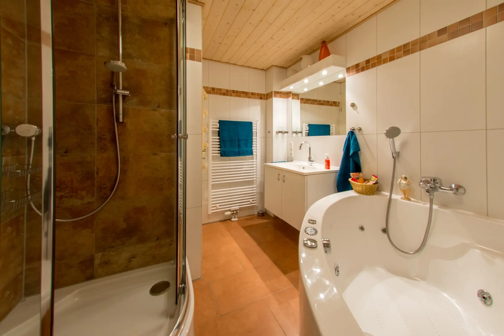 Badezimmer mit Dusche und Whirlpool-Wanne